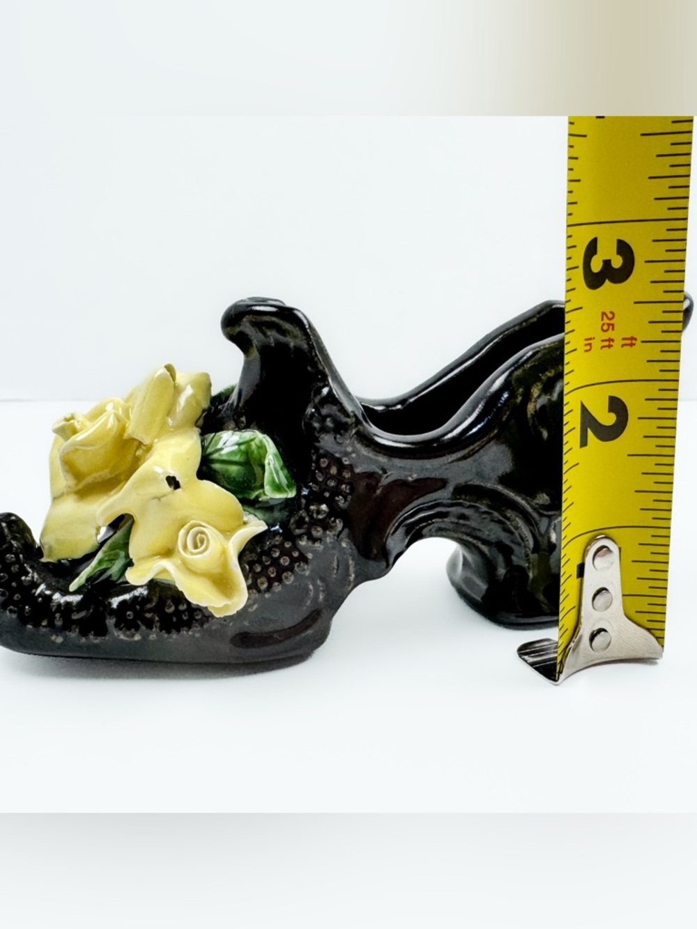 Vintage Ceramic Black High Heel Shoe Figurine Planter Yellow Rose 6” - Picture 10 of 13
